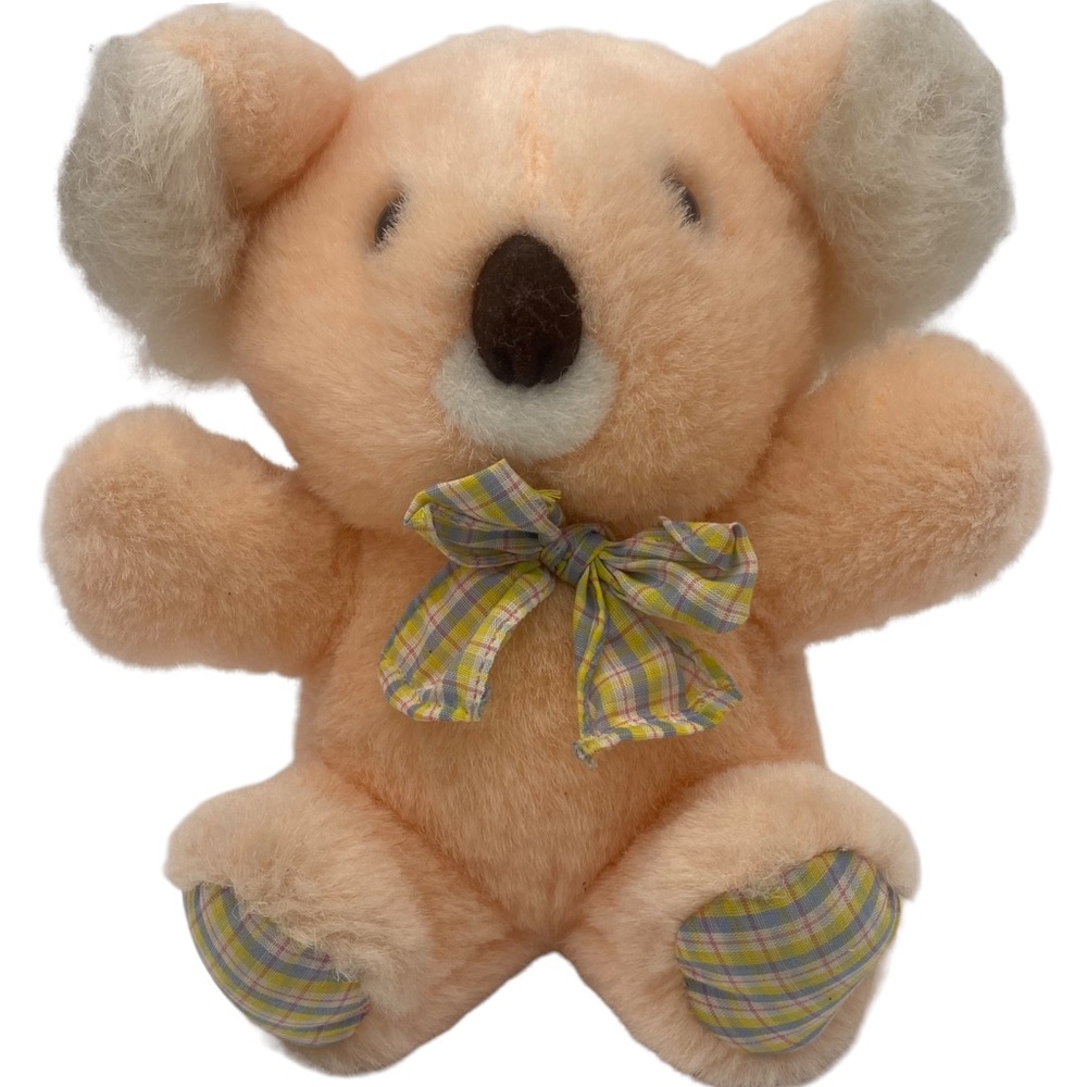 Vintage Dan Dee Peach Stuffed  Koala Bear w/ Plaid Feet & Bow 8”